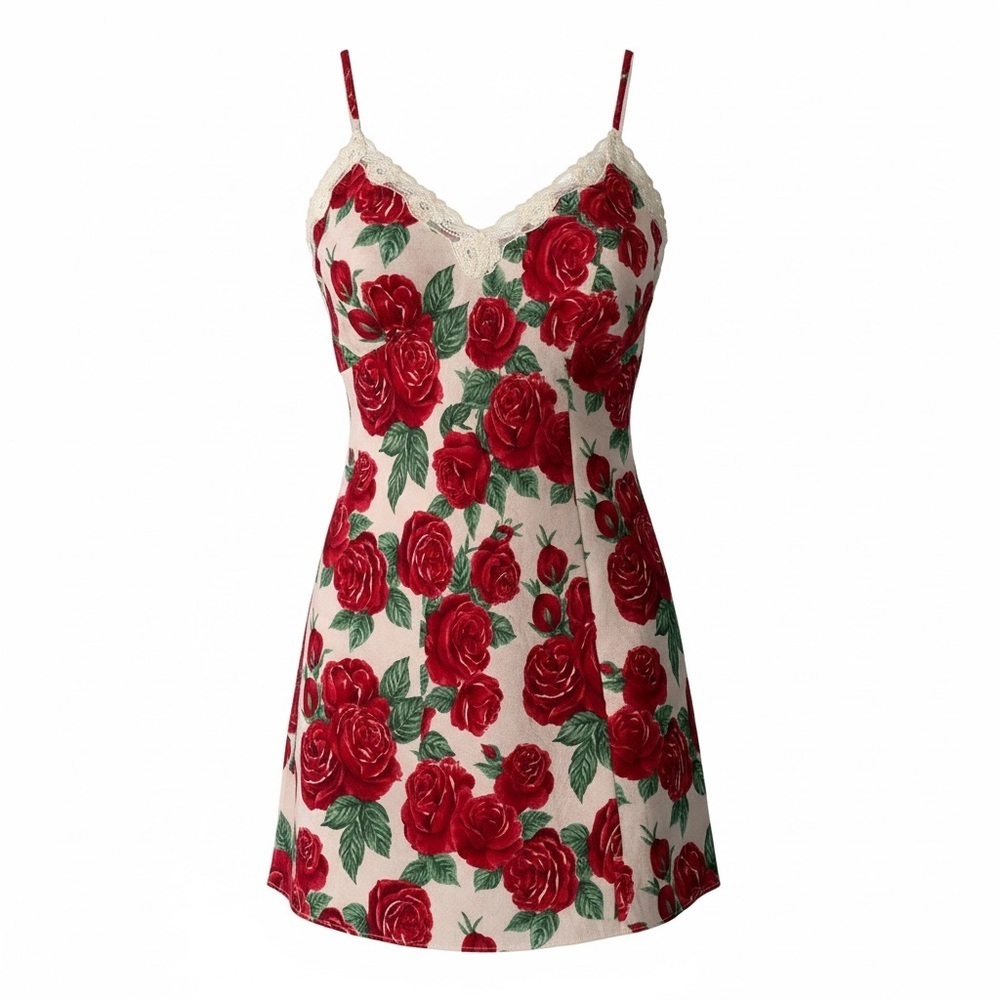 Vintage Victoria Secret Gold Label Red Rose Print Teddy Size M Medium - Picture 1 of 6